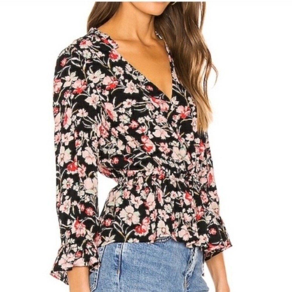 Sanctuary Womens Windswept Black‎ V Neck Floral Tie Front Blouse Shirt